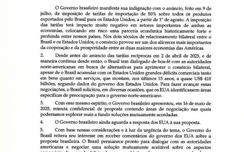 Brasil reage à tarifa de 50% dos EUA e cobra negociação urgente para evitar prejuízos bilaterais