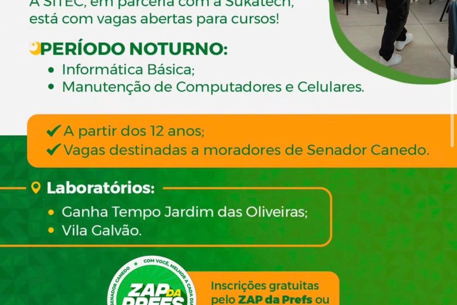 Cursos gratuitos de informática e manutenção de celulares têm vagas abertas em Senador Canedo