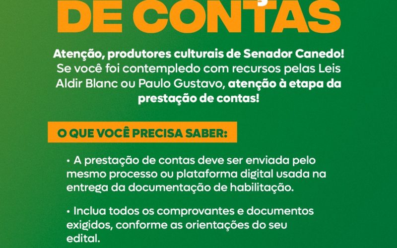 Senador Canedo inicia recebimento da prestação de contas de projetos culturais das Leis Aldir Blanc e Paulo Gustavo
