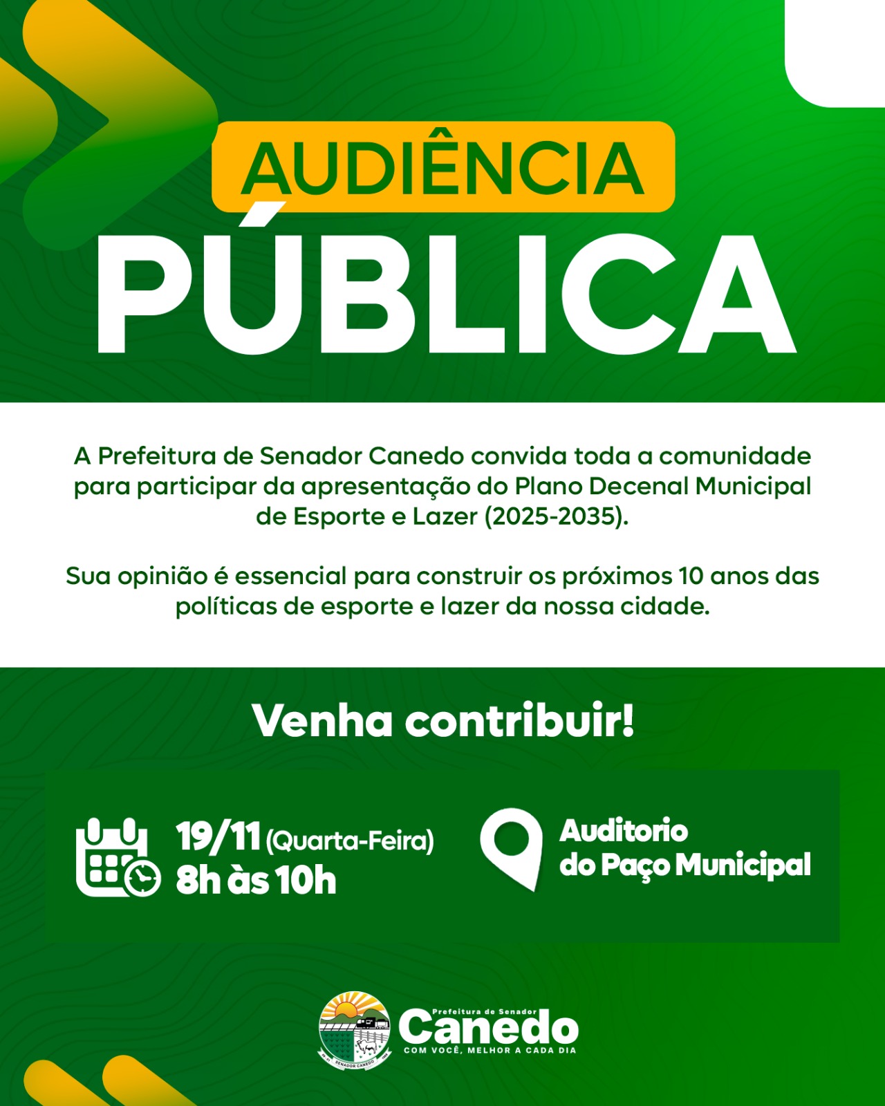 Senador Canedo realiza audiência pública para apresentação do Plano Decenal Municipal de Esporte e Lazer