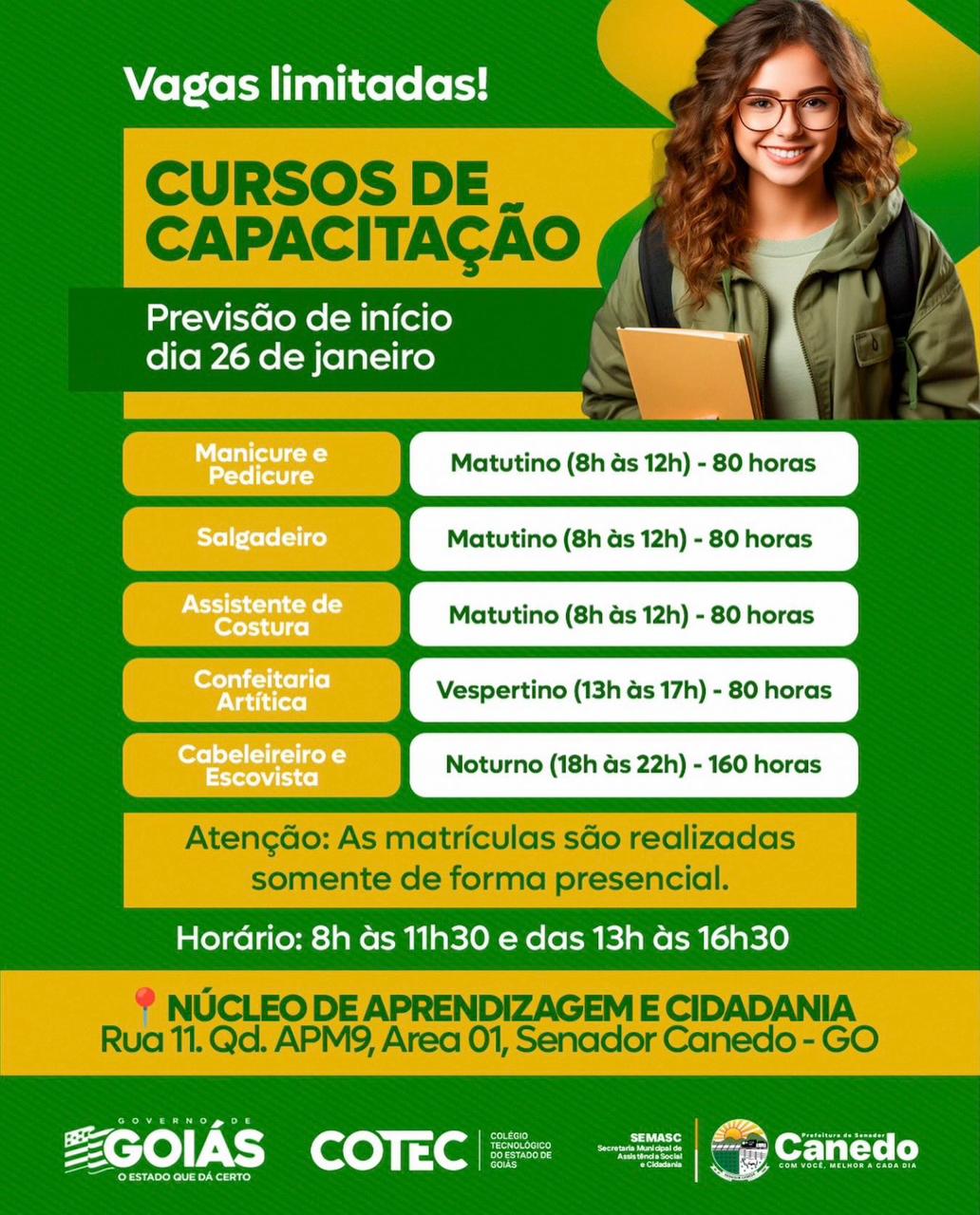 Senador Canedo oferece cursos profissionalizantes com vagas limitadas