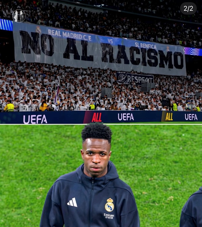 Torcida do Real Madrid exibe faixa contra racismo em apoio a Vinícius Júnior antes de jogo