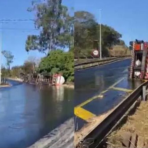 Acesso a Senador Canedo pela GO-402 segue interditado após tombamento de caminhão com biodiesel